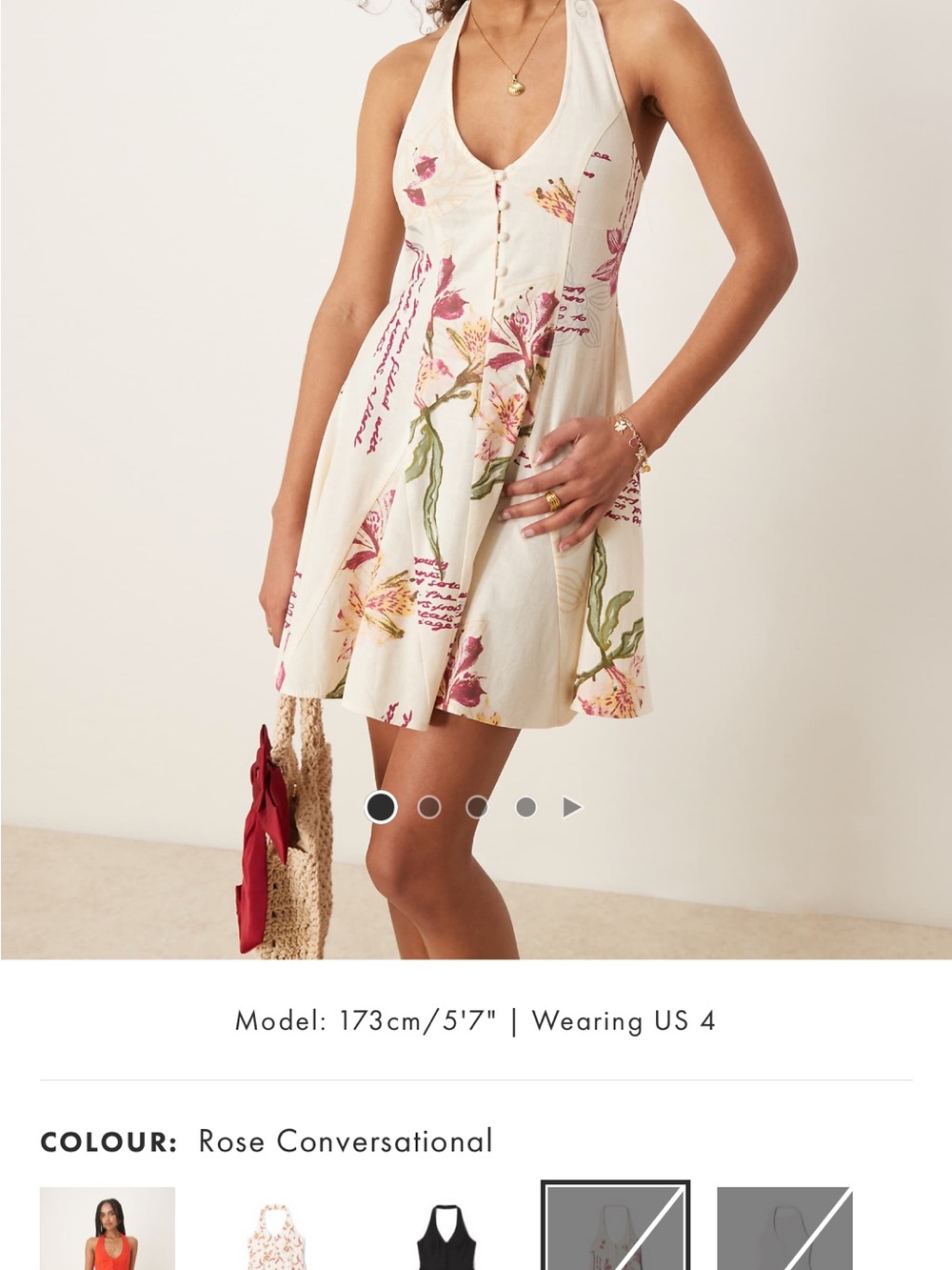 ASOS Cream Halter Mini Dress with Pink & Green Floral Print